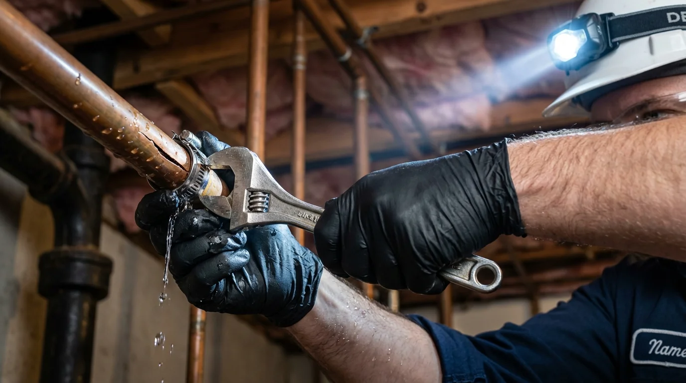 Emergency pipe clamp repair being performed by a Johns Plumbing LLC plumber in Moose Lake